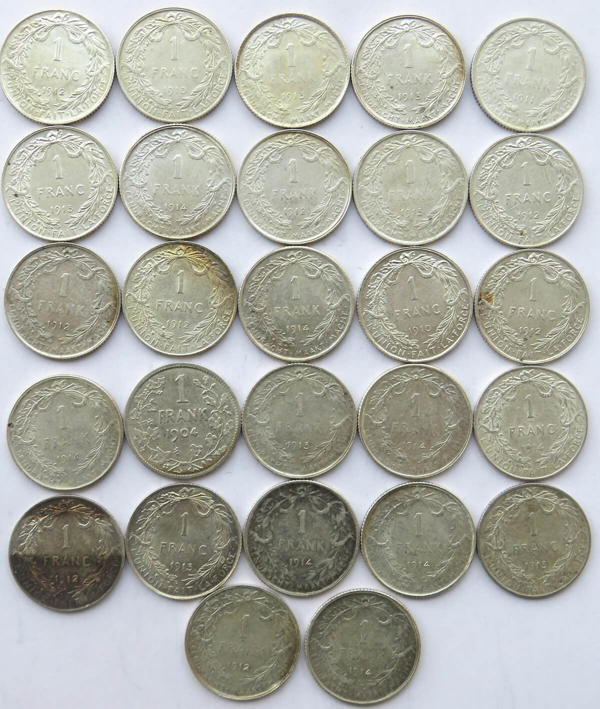Lot 27 szt. 1 frank Belgia Ag 1910-1914, srebro