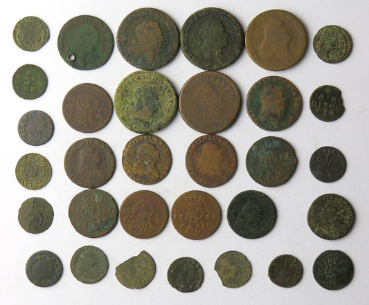 Mix 32 monet historycznych do identyfikacji m.in. XVIII wiek, różne