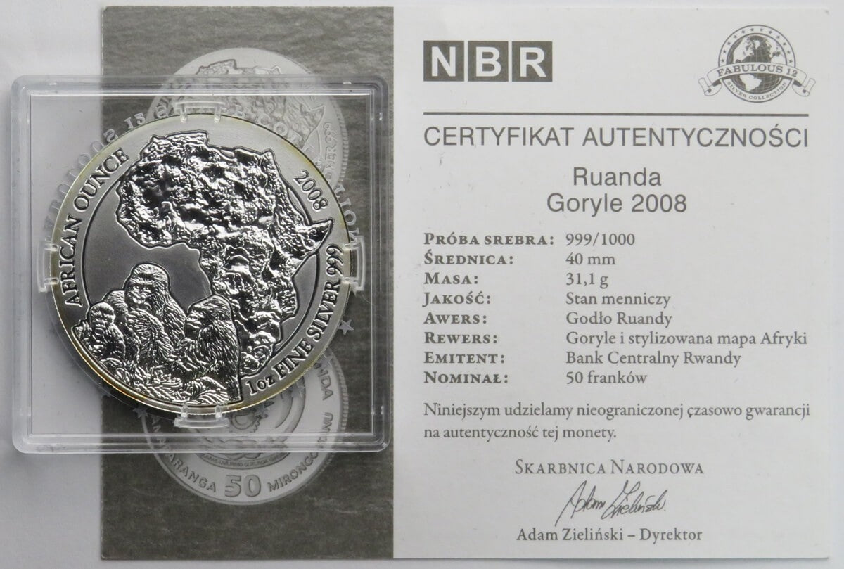 Ruanda 50 Franków 2008 Goryle, Srebro, Ag999, certyfikat