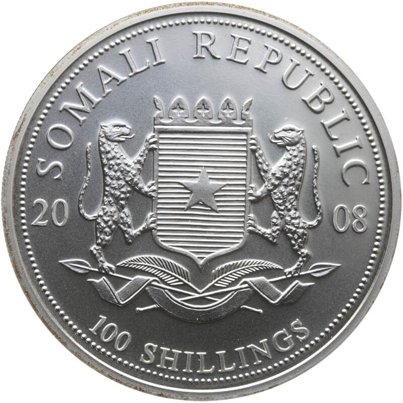 Somalia 100 Szylingów 2008 Słoń, Srebro, Ag999